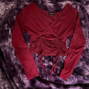 Almost Famous Crop Top Women’s Medium Burgundy Red Scrunch Waist Casual Clubwear
